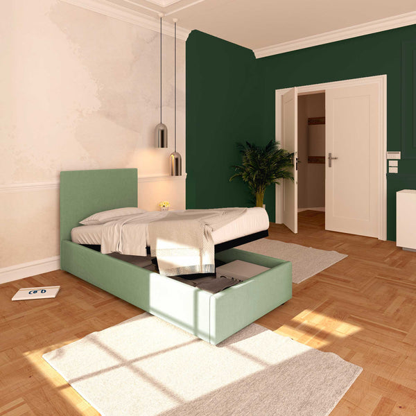 Baldiflex letto contenitore singolo in tessuto sfoderabile Rossano verde menta da sinistra