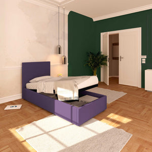 Baldiflex letto contenitore singolo in tessuto sfoderabile Rossano viola da sinistra