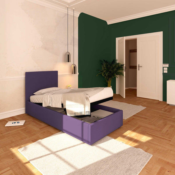 Baldiflex letto contenitore singolo in tessuto sfoderabile Rossano viola da sinistra