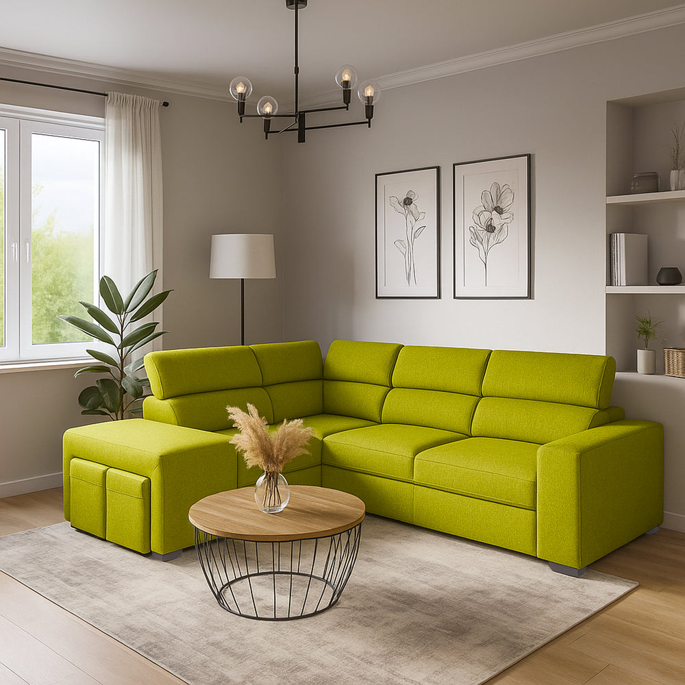 Corner sofa bed with two Gregory cube poufs