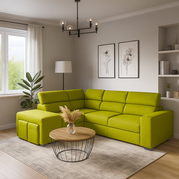 Canapé-lit d'angle avec deux poufs cubes Gregory