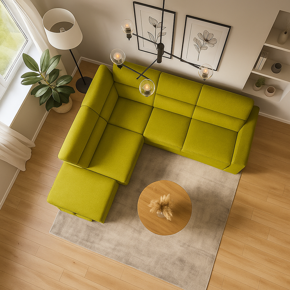 Corner sofa bed with two Gregory cube poufs