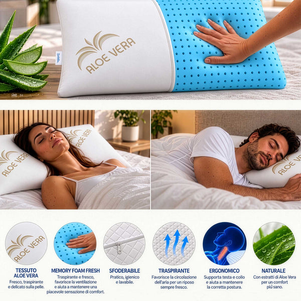 infografica cuscino memory fresh rivestimento aloe vera