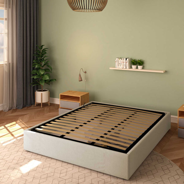 Baldiflex letto contenitore king size queen size senza testata in ecopelle Cloe beige chiaro da destra