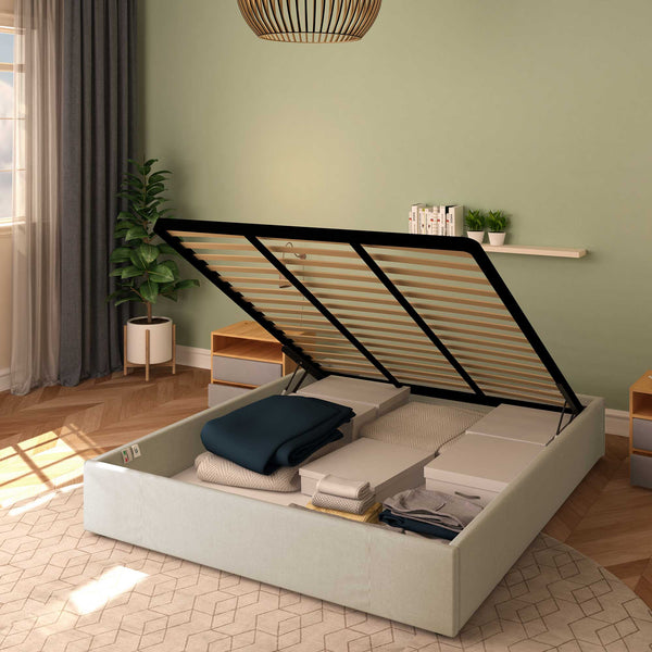 Baldiflex letto contenitore matrimoniale senza testata in ecopelle Cloe beige chiaro da destra con rete alzata