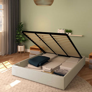 Baldiflex letto contenitore king size queen size senza testata in ecopelle Cloe beige chiaro da destra con rete alzata