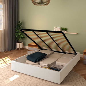 Baldiflex letto contenitore king size queen size senza testata in ecopelle Cloe bianco da destra con rete alzata