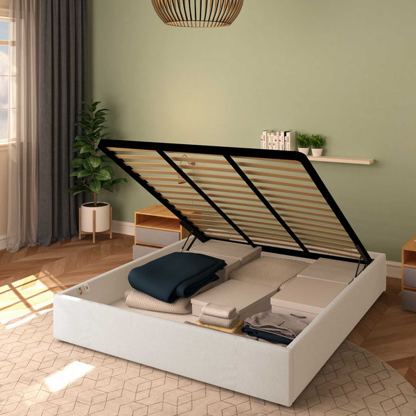 Baldiflex letto contenitore king size queen size senza testata in ecopelle Cloe bianco da destra con rete alzata