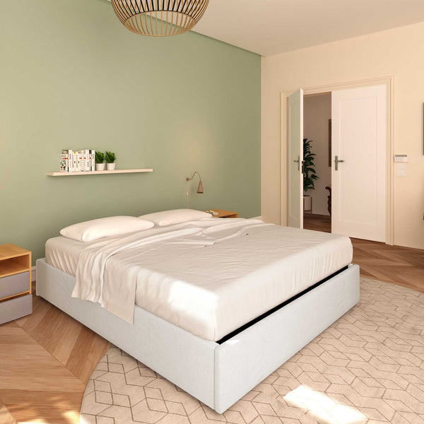 Baldiflex letto contenitore king size queen size senza testata in ecopelle Cloe bianco da sinistra con materasso