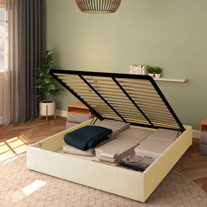 Baldiflex letto contenitore king size queen size senza testata in ecopelle Cloe crema da destra con rete alzata