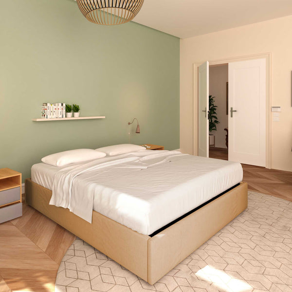 Baldiflex letto contenitore king size queen size senza testata in ecopelle Cloe marrone chiaro da sinistra con materasso