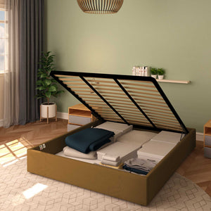 Baldiflex letto contenitore matrimoniale senza testata in ecopelle Cloe nocciola da destra con rete alzata