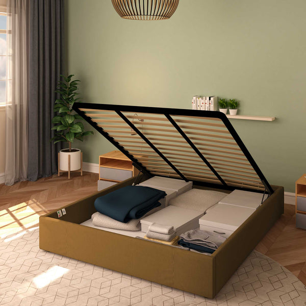 Baldiflex letto contenitore king size queen size senza testata in ecopelle Cloe nocciola da destra con rete alzata