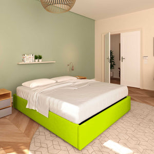 Baldiflex letto contenitore king size queen size senza testata in ecopelle Cloe verde mela da sinistra con materasso