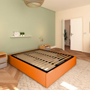 Baldiflex letto contenitore piazza e mezza senza testata in ecopelle Cloe arancione da sinistra