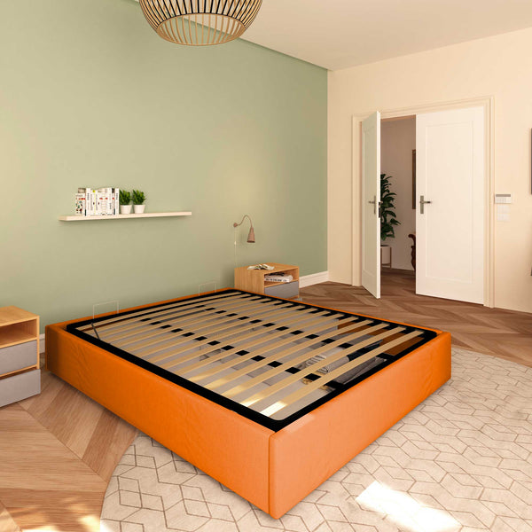 Baldiflex letto contenitore piazza e mezza senza testata in ecopelle Cloe arancione da sinistra