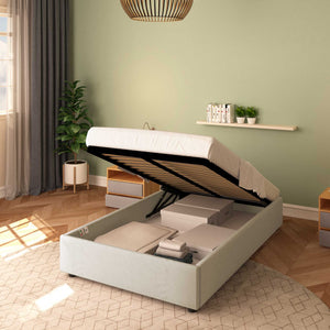 Baldiflex letto contenitore piazza e mezza senza testata in ecopelle Cloe beige chiaro da destra con rete alzata