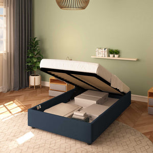 Baldiflex letto contenitore piazza e mezza senza testata in ecopelle Cloe blu notte da destra rete alzata