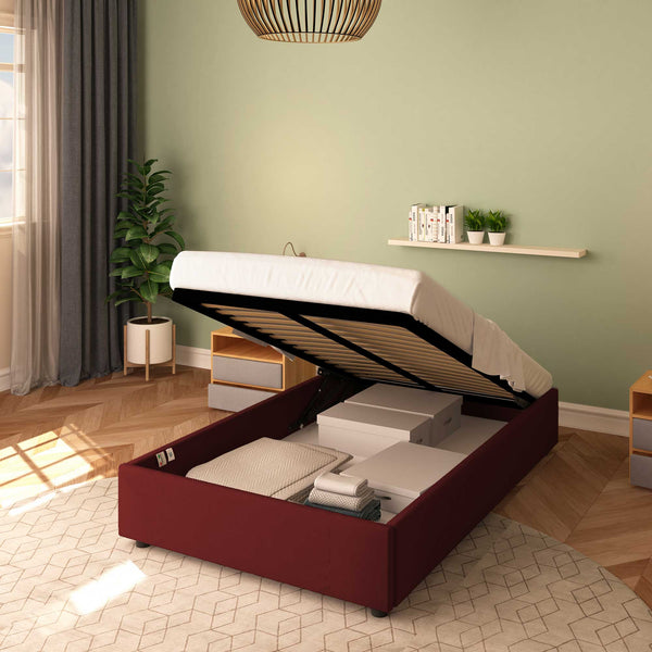 Baldiflex letto contenitore piazza e mezza senza testata in ecopelle Cloe bordeaux da destra con rete alzata