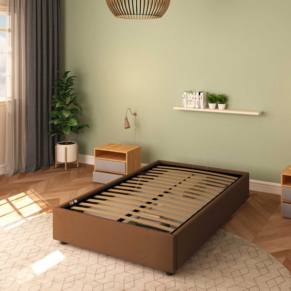 Baldiflex letto contenitore piazza e mezza senza testata in ecopelle Cloe caffè da destra