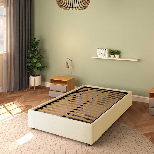 Baldiflex letto contenitore piazza e mezza senza testata in ecopelle Cloe crema da destra