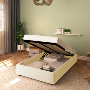 Baldiflex letto contenitore piazza e mezza senza testata in ecopelle Cloe crema da destra con rete alzata