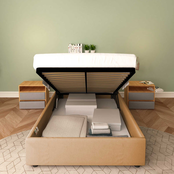 Baldiflex letto contenitore piazza e mezza senza testata in ecopelle Cloe marrone chiaro frontale con rete alzata