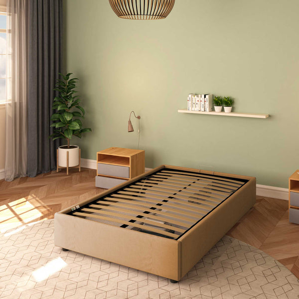 Baldiflex letto contenitore piazza e mezza senza testata in ecopelle Cloe nocciola da destra