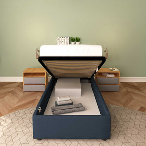 Baldiflex letto contenitore singolo senza testata in ecopelle Cloe blu notte frontale rete alzata