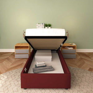 Baldiflex letto contenitore singolo senza testata in ecopelle Cloe bordeaux frontale rete alzata