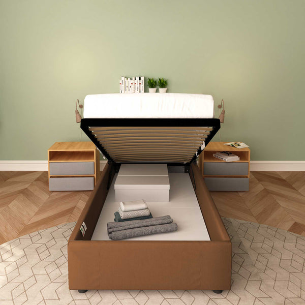 Baldiflex letto contenitore singolo senza testata in ecopelle Cloe caffè frontale rete alzata