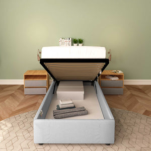 Baldiflex letto contenitore singolo senza testata in ecopelle Cloe grigio chiaro frontale rete alzata