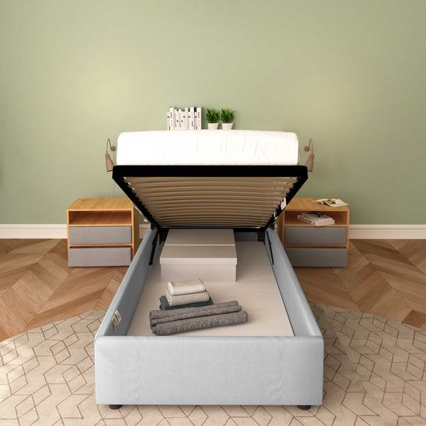 Baldiflex letto contenitore singolo senza testata in ecopelle Cloe grigio chiaro frontale rete alzata