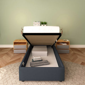 Baldiflex letto contenitore singolo senza testata in ecopelle Cloe grigio scuro frontale rete alzata