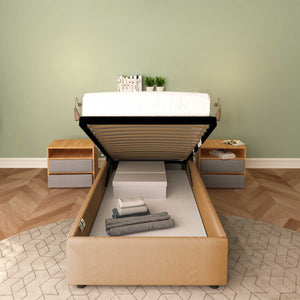 Baldiflex letto contenitore singolo senza testata in ecopelle Cloe marrone chiaro frontale rete alzata