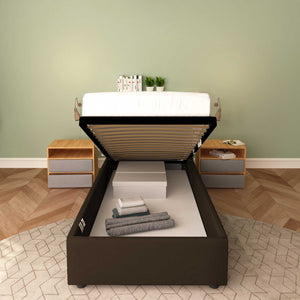 Baldiflex letto contenitore singolo senza testata in ecopelle Cloe marrone scuro frontale rete alzata