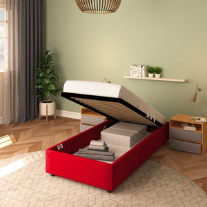 Baldiflex letto contenitore singolo senza testata in ecopelle Cloe rosso da destra rete alzata