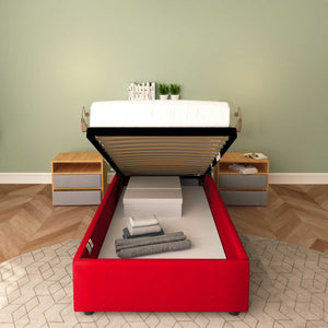 Baldiflex letto contenitore singolo senza testata in ecopelle Cloe rosso frontale rete alzata