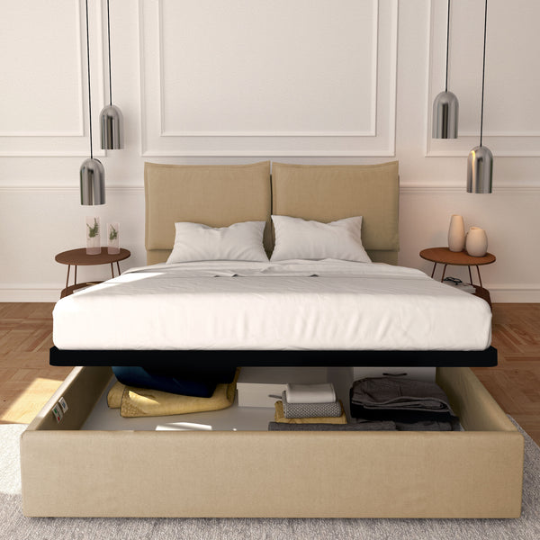 Baldiflex letto contenitore king size in tessuto sfoderabile Licia cammello