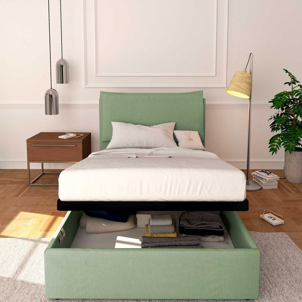 Baldiflex letto contenitore a una piazza e mezzo in tessuto sfoderabile Licia verde menta