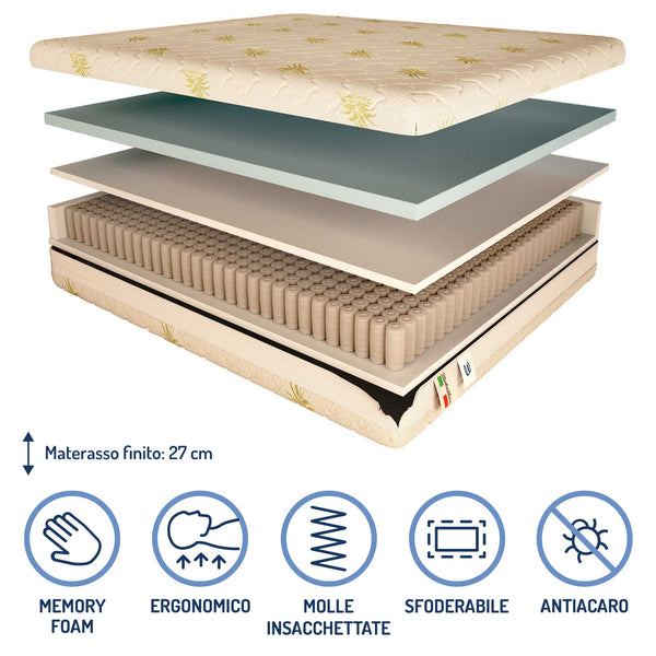 Materasso a 700 molle insacchettate in memory Baldiflex alto 27 cm composizione