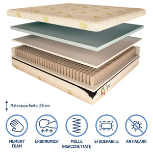 Materasso a 700 molle insacchettate in memory alto 28 cm Baldiflex composizione