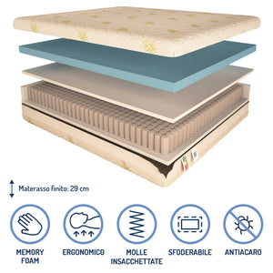 Materasso a 700 molle insacchettate in memory Baldiflex alto 29 cm composizione