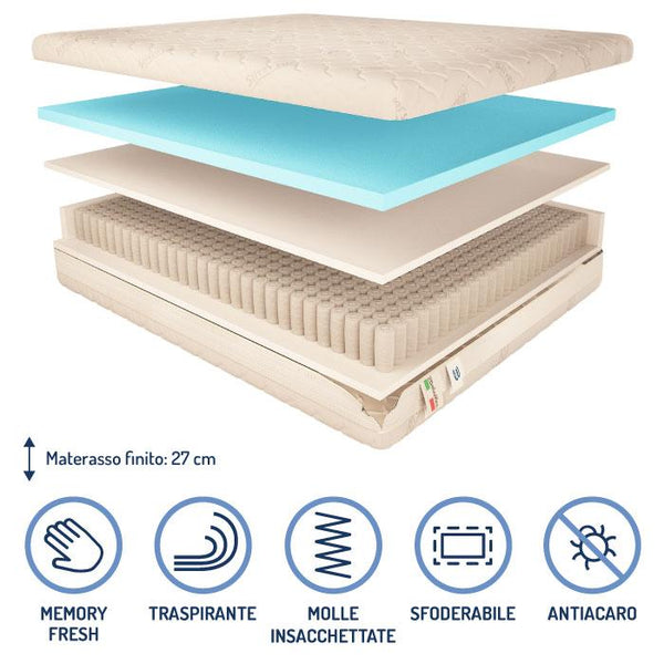 Materasso a 700 molle insacchettate in memory fresh Baldiflex alto 27 cm composizione