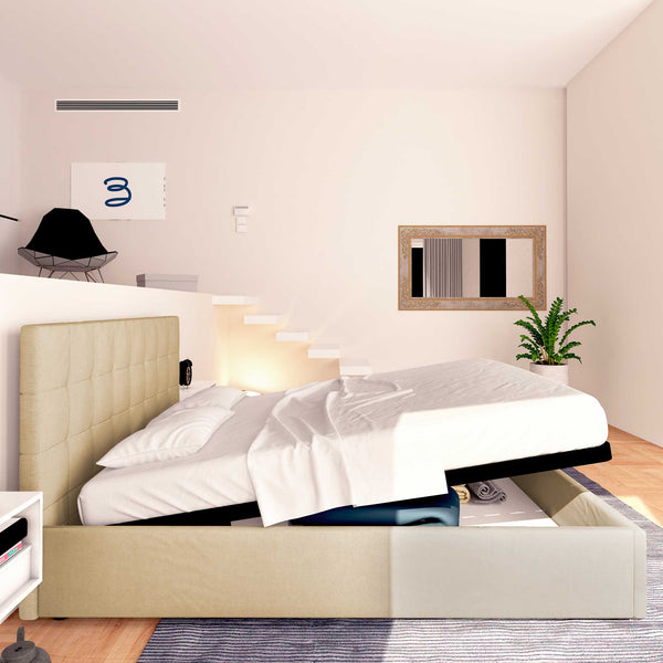 Letto contenitore king size in tessuto cammello Baldiflex Dublino laterale