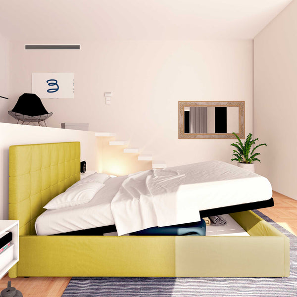 Letto contenitore king size in tessuto giallo senape Baldiflex Dublino laterale