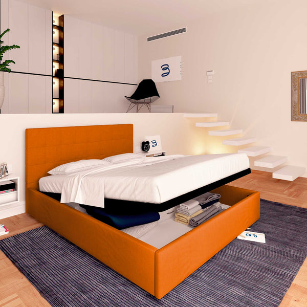 Letto contenitore matrimoniale in ecopelle arancione Baldiflex Dublino lato