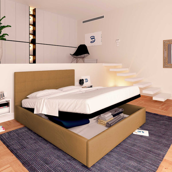 Letto contenitore matrimoniale in ecopelle marrone chiaro Baldiflex Dublino lato