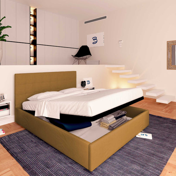 Letto contenitore matrimoniale in ecopelle nocciola Baldiflex Dublino lato