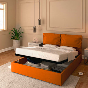 Letto contenitore matrimoniale in ecopelle sfoderabile arancione Baldiflex Licia Soft